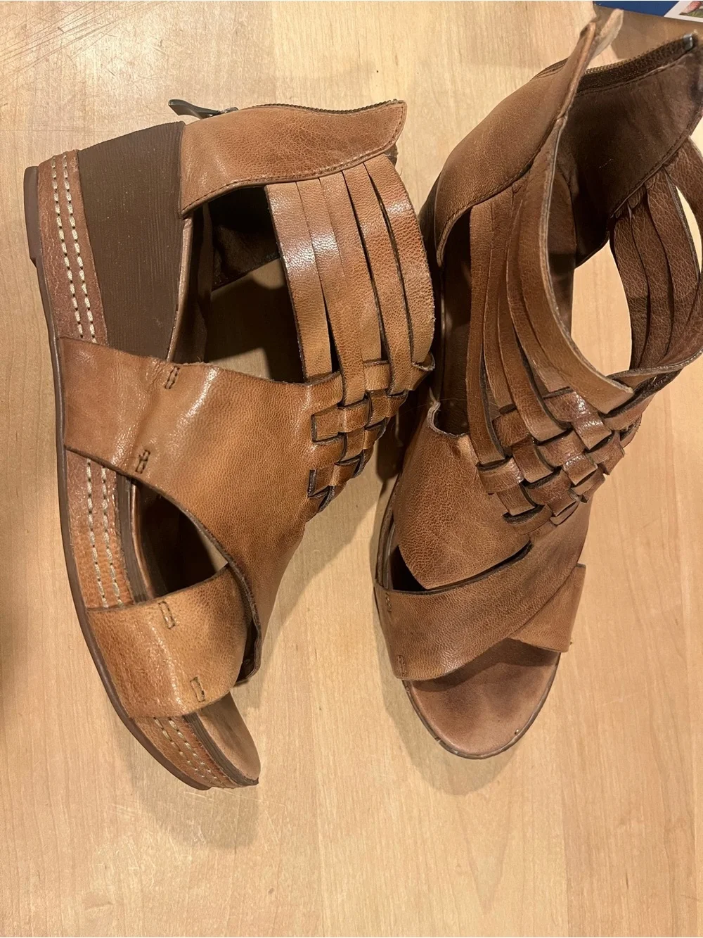 Antelope Cognac Braided Leather Wedge Sandals
